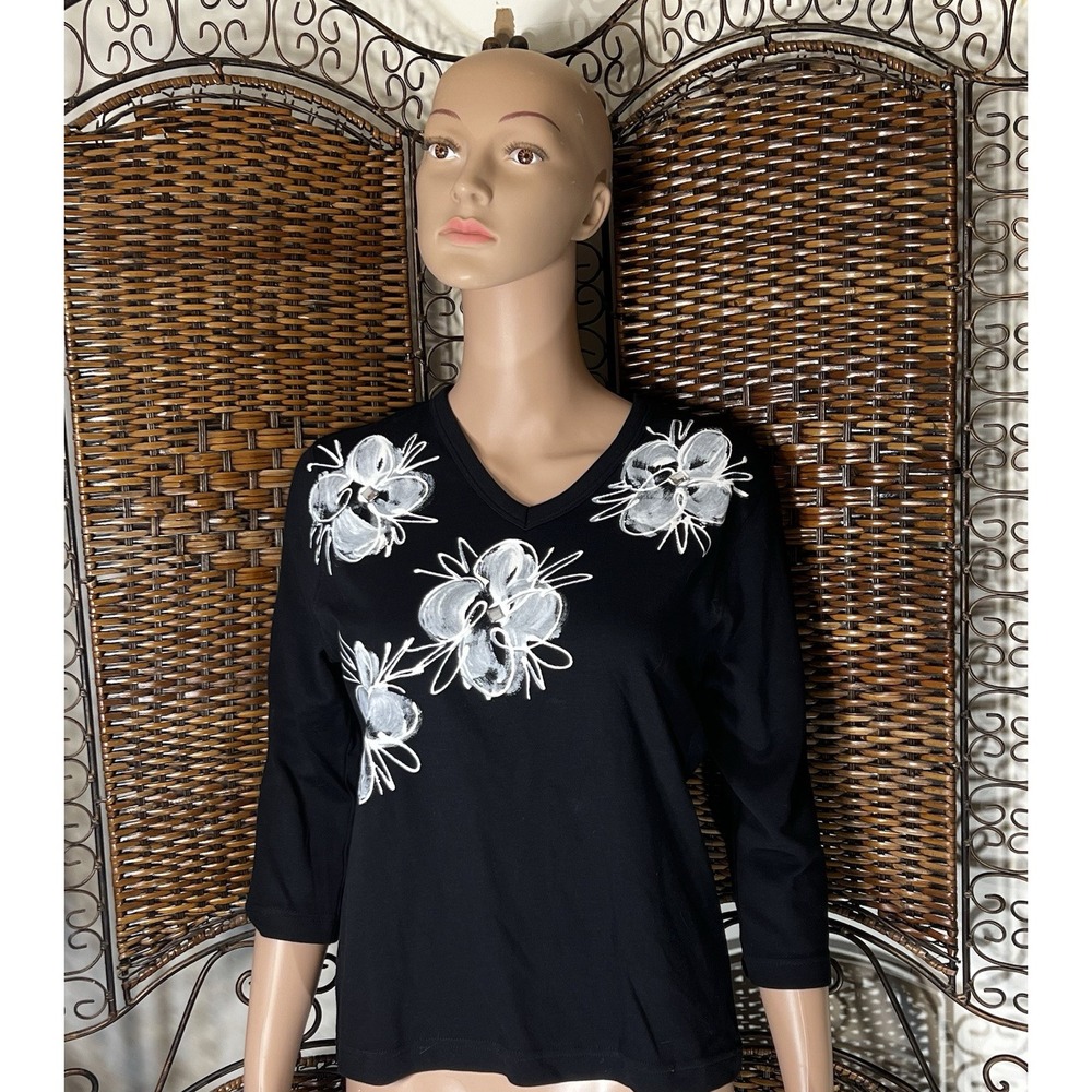 Vintage 90s Handmade T Shirt Women Mid Sleeve Paint Rhinestone‎ Victoria Small